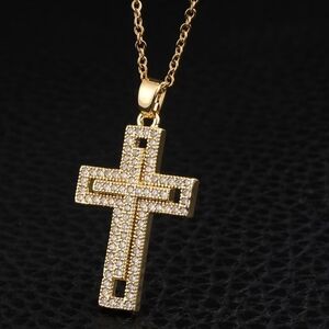 Elegant Gold Cross Double Crucifix Pendant Necklace